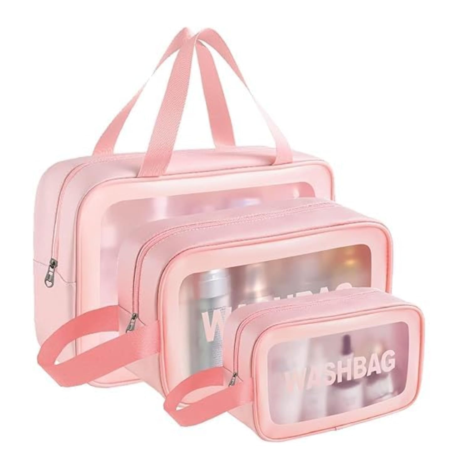 PVC Travel Makeup Pouch Set of 3 for Women – Waterproof Transparent Cosmetic & Toiletry Organizer Bags, Large Medium Small Clear Storage Kit for Travel & Daily Use (Pink)-image-26