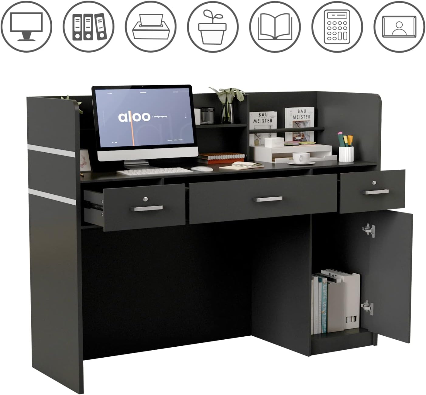 AGOTENI Reception Desk Front Counter Desk with Open Shelf & Drawers, Wooden Reception Stations with Lockable Drawer for Office (Black)