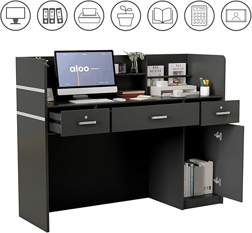 Miniatura 5 de Estaciones de recepción con estante abierto y cajones, escritorio de madera con cajón con cerradura para sala de recepción de oficina (negro)