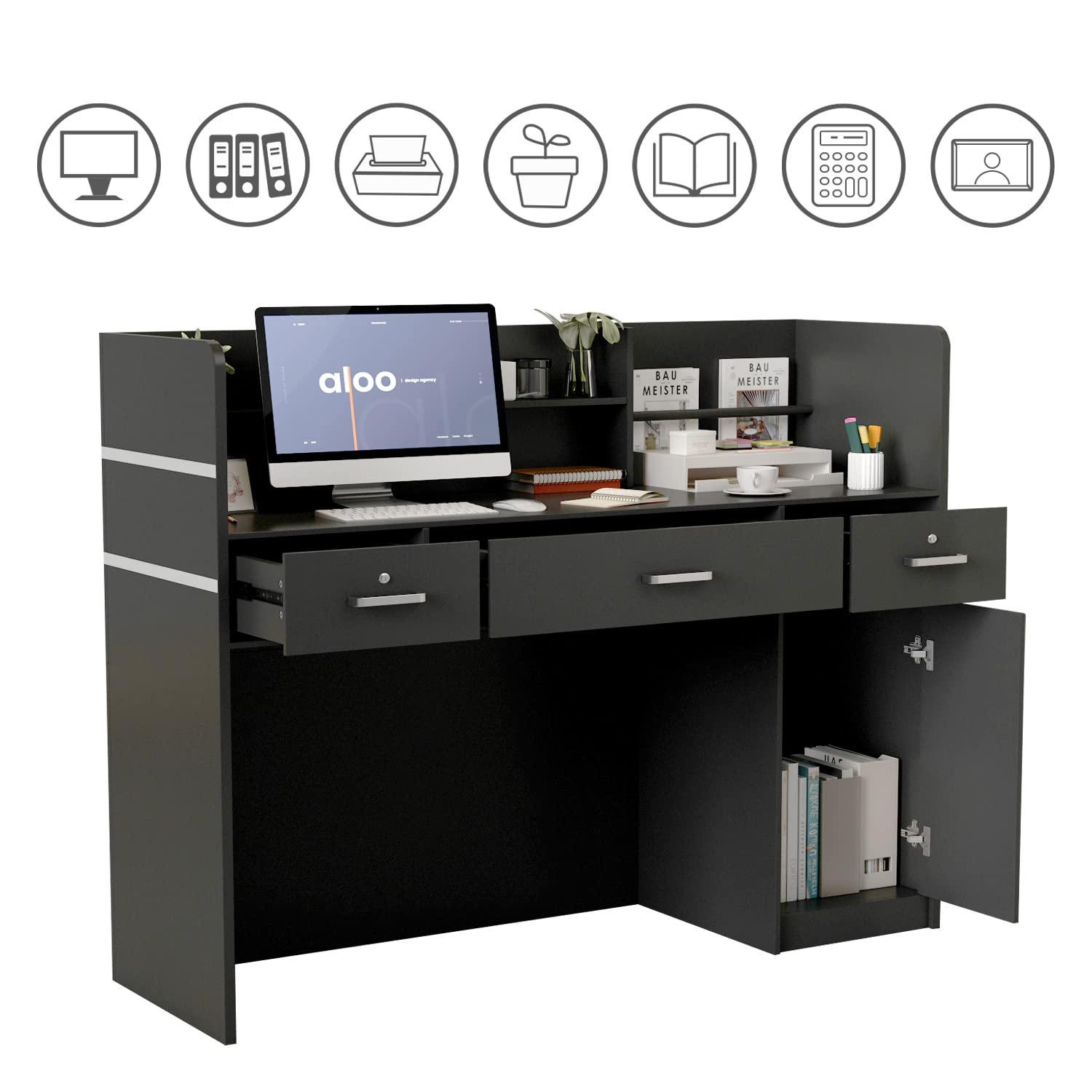 Banco reception, ufficio bancone mobili reception, nero, 3 cassetti, 110 X 120 X 48 cm