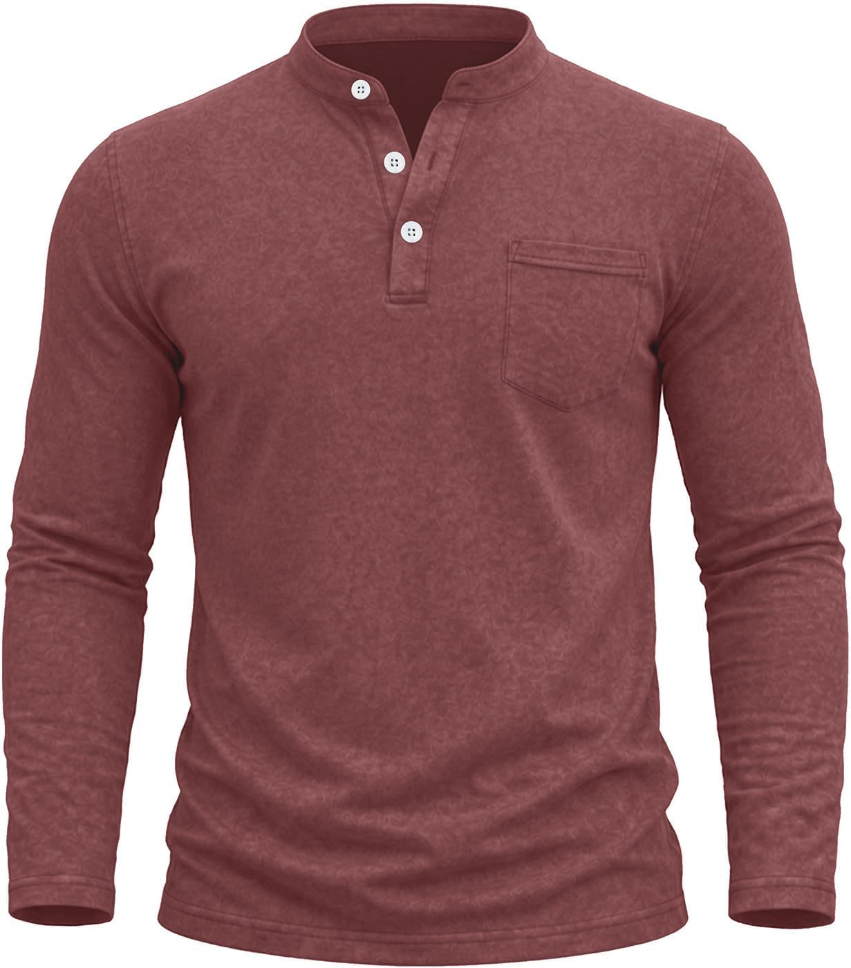 Men Long Sleeve Henley T Shirt Stand Collar Button Placket Shirts