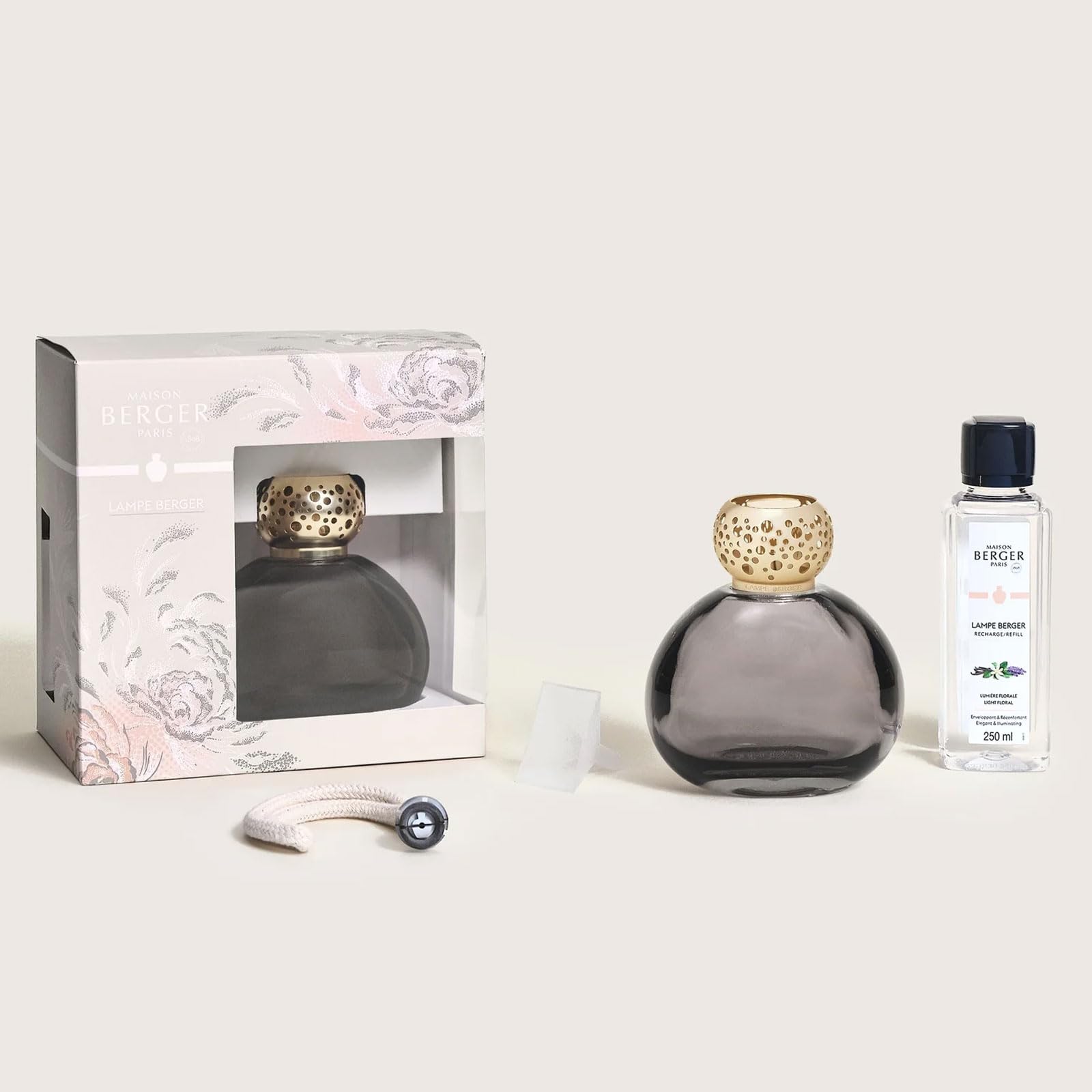 Maison Berger - Coffret Lampe Berger Ophelia avec Recharge 250 ML Incluse - Lampe à Catalyse 2-en-1 pour Purifier et parfumer l’air - Objet déco raffiné - Lumière Florale - Fabriqué en France (Noir)