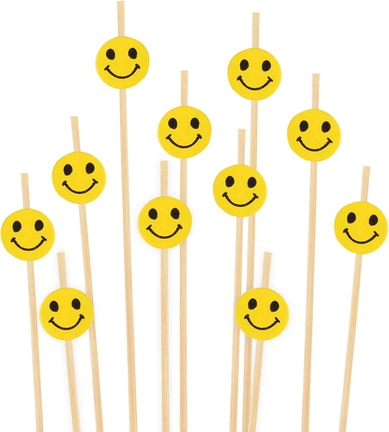BambooMN 4" Decorative Yellow Smiley Smile Face Cocktail Sandwich Fruit Cupcake Bamboo Skewer Picks for Any Party, 1,000 Pieces