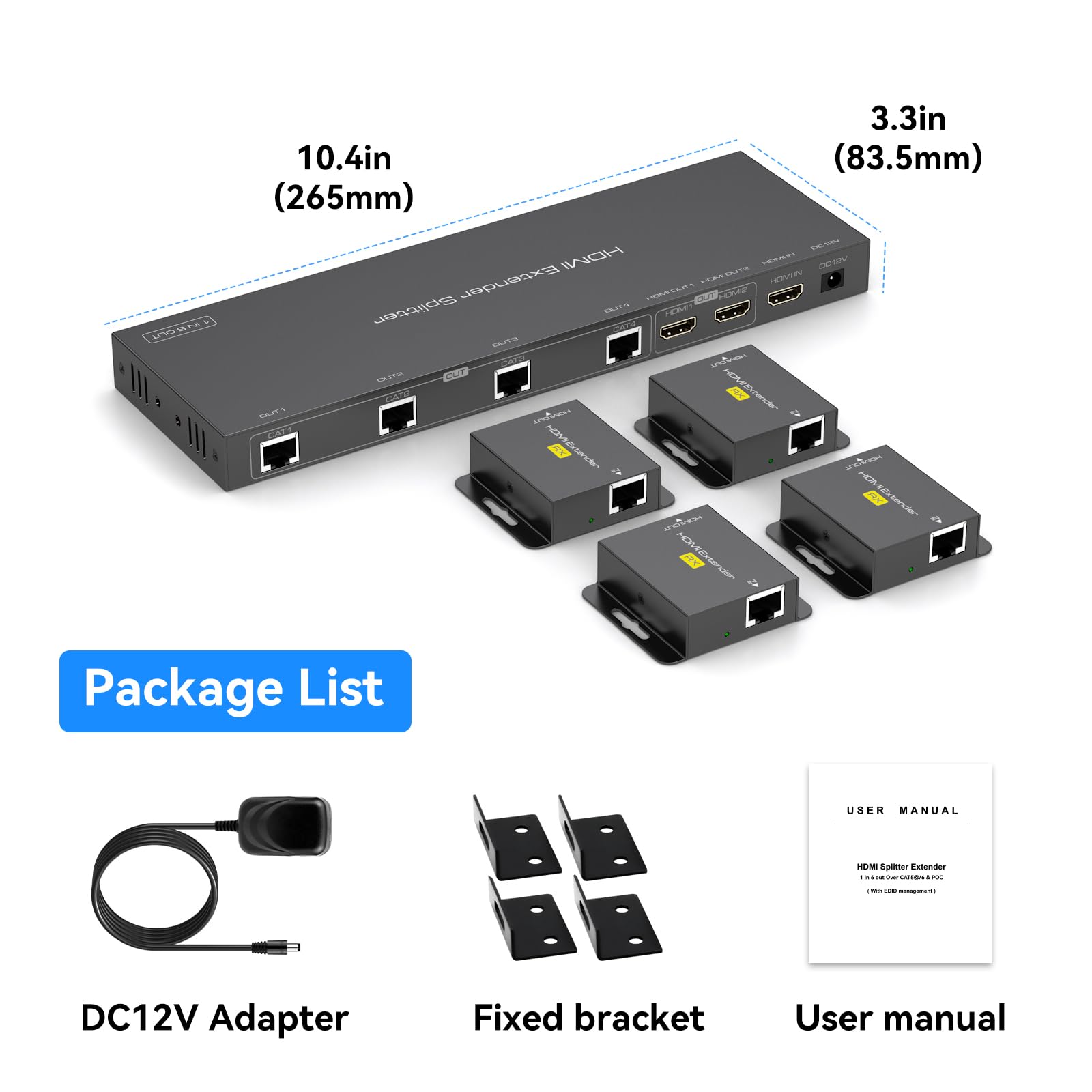 HDMI Splitter Extender 1 in 6 out hasta 50M 165FT a Través de Cat6/7 HDMI a Través de Ethernet con 2 Salidas Loop Soporta Gestión EDID 1080P60Hz POC