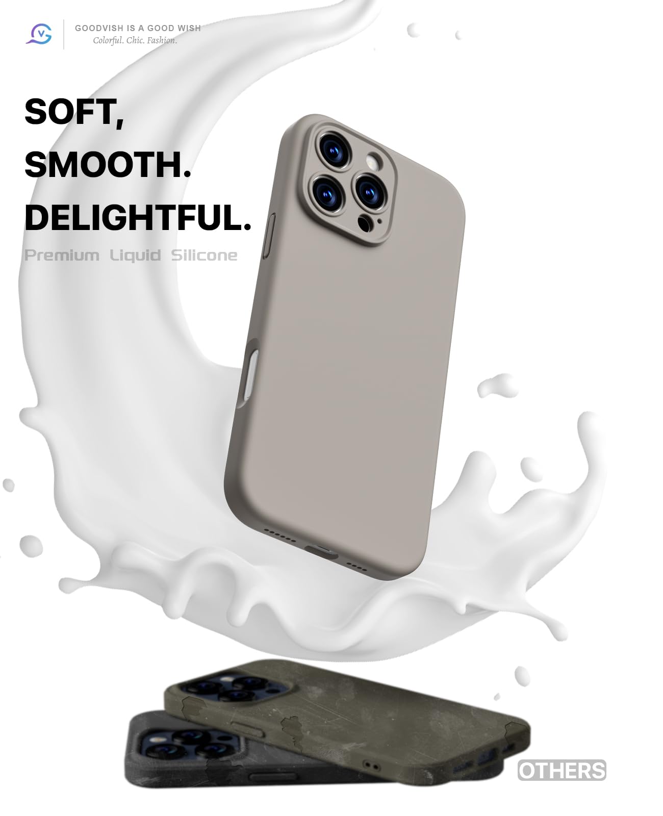 GOODVISH 3 in 1 Silicone Cover per iPhone 16 Pro Max 6.9", Custodia con 2 Pellicola Vetro Temperato [Protezione Fotocamera] 360° Protezione Anticaduta Case per Cellulare Antiurto Resistente, Grigio