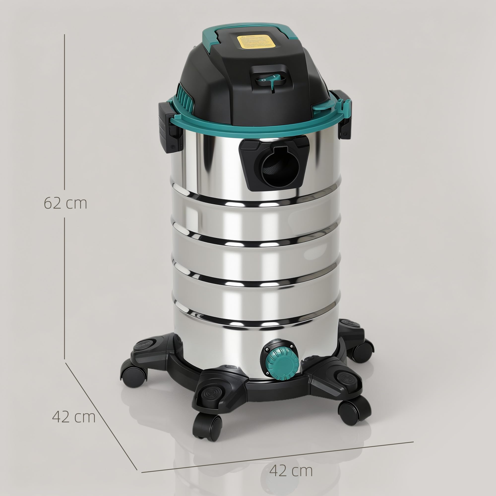 HOMCOM Aspirapolvere 3 in 1 da 1400W, 22kPa Aspirasolidi e Liquidi e Soffiatore, Bidone Aspiratutto da 30L in Acciaio Inox, Triplo Filtro con HEPA, Raggio di Pulizia 6m e Accessori, per Casa, Garage