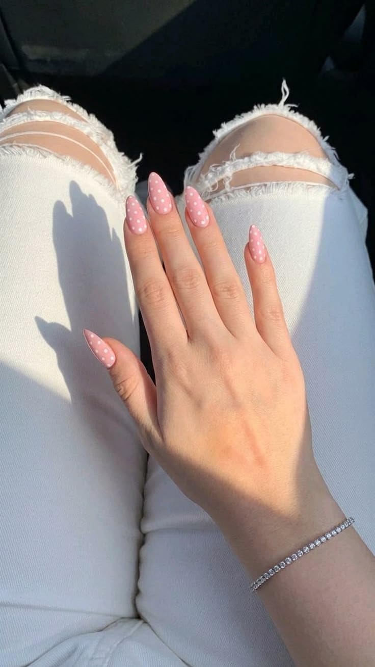 Pink Polka Dot Press-On Nails, Almond Shape, Long Length | White Dot Design, Reusable, Salon-Style Finish, Full Cover Tips, Easy Application-image-8