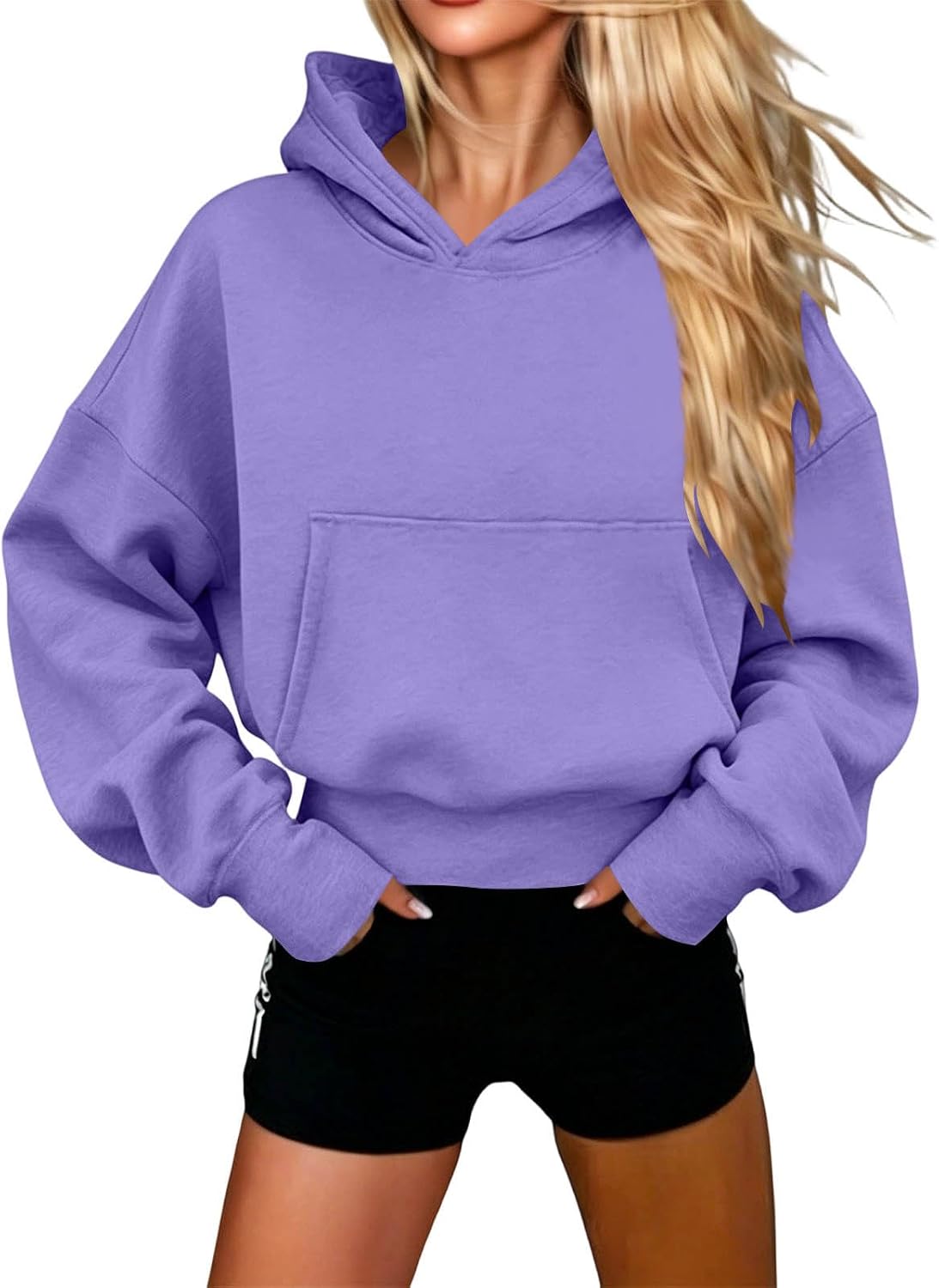 Oplxuo Women's Cropped Oversized Drop Shoulder Long Sleeve Front Pocket Pullover Sweatshirt Loose Crop Fashion Top