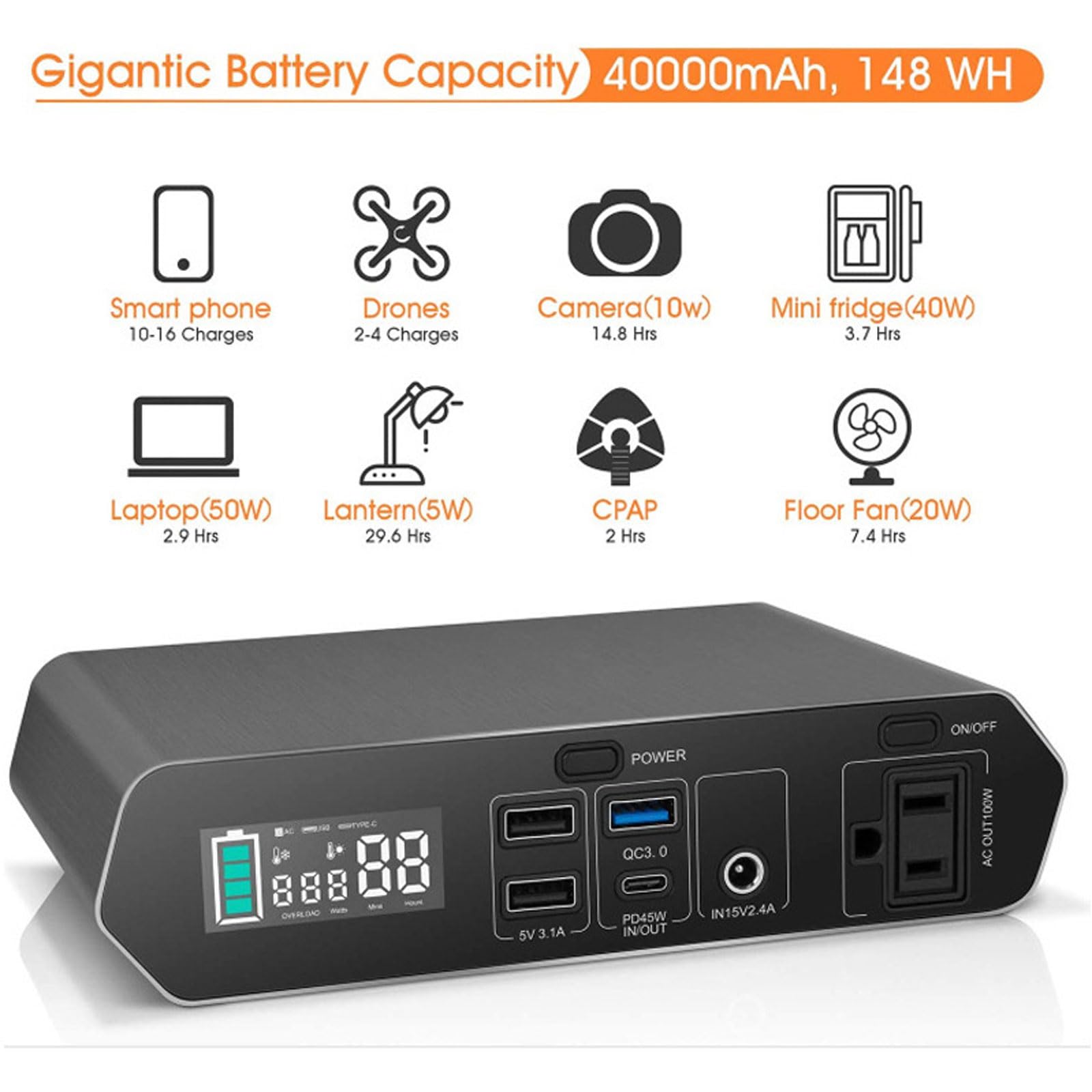 Estación de energía portátil de 148 WH, PD45W, Carga rápida, Fuente de alimentación de Emergencia para Vacaciones, autocaravanas y Camping.