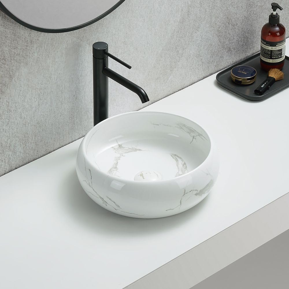 Milano White With Marble Effect Alden Marble Effect Round Countertop Bathroom Basin Sink - 360Mm