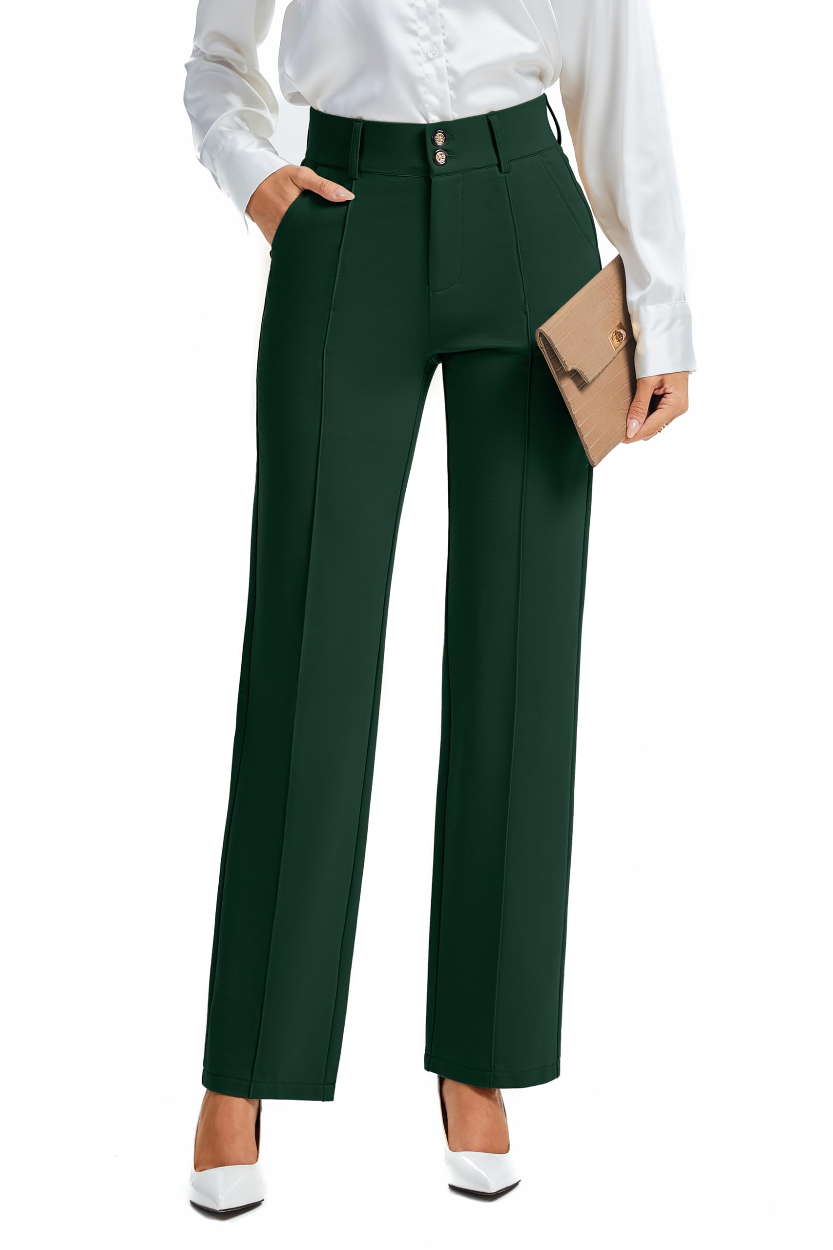 FUNYYZO Dress Pants Women's Stretchy Straight Leg Button Slacks Trousers with Pockets