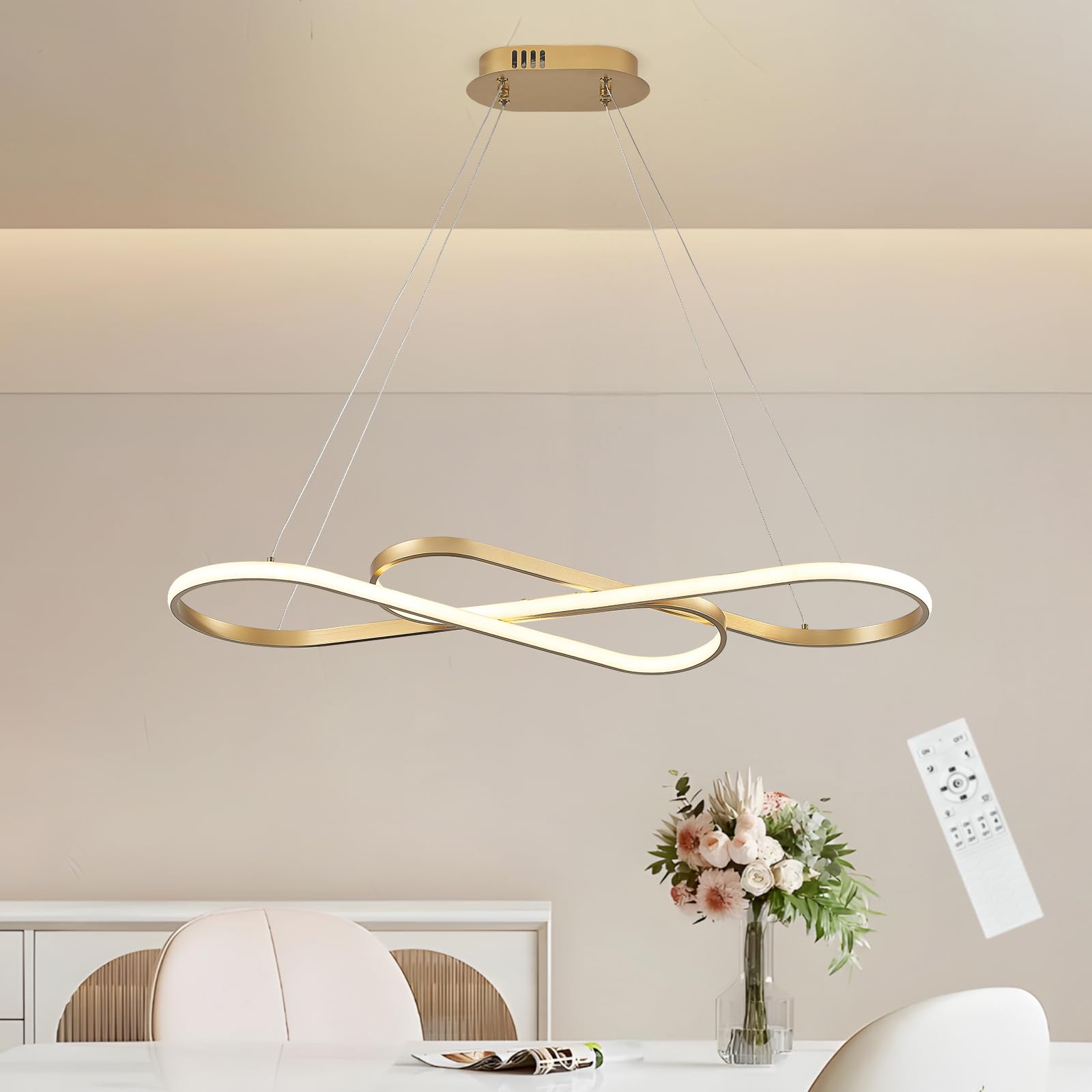 CATINER Moderner LED Hängeleuchte Gold Esszimmer Pendelleuchten 80cm Dimmbar LED Kronleuchter mit Fernbedienung Kücheninsel Linear Hängelampe für Wohnzimmer Hohe Decken 50W