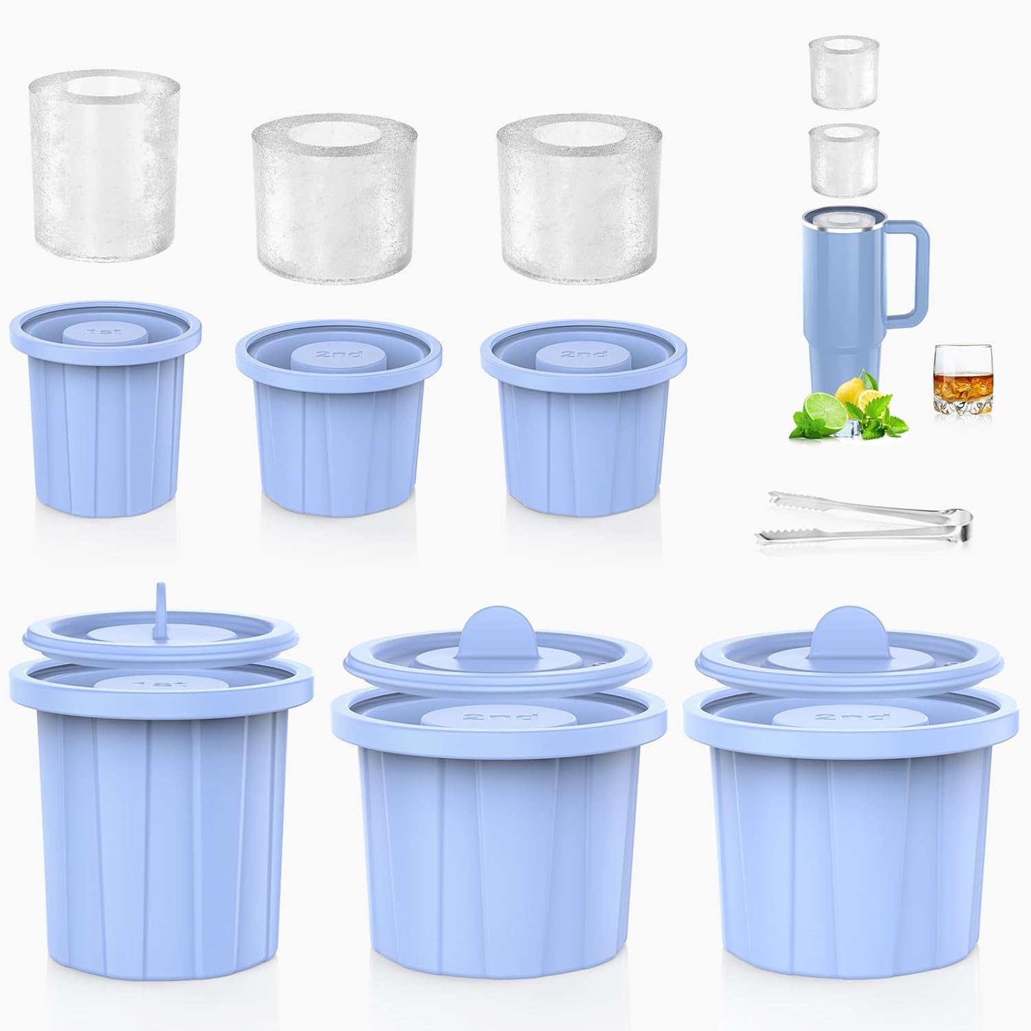 Ice Mold Compatible with Stanley Cup, Silicone Ice Cube Tray for Stanley Cup, Tumbler Ice Mold Accessories with Lid for Freezer, Water Bottle Cylinder Ice Mold for Ice Drink, Whiskey 20-30-40 oz Blue 30 oz