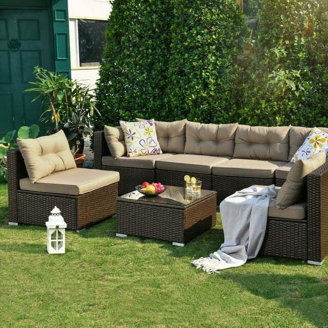 Image of DEVOKO 6 Seater Patio Outdoor Indoor All-Weather Sectional Sofa HDPE Rattan Manual Weaving Wicker Conversation Furniture Set for Garden, Porch, Terrace, Deck, Lawn (Dark Brown & Beige)