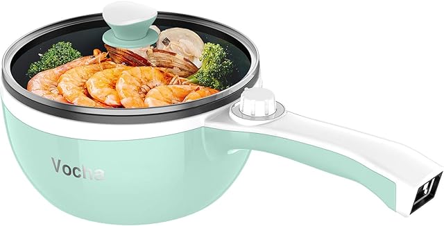 Vocha Electric Hot Pot, 1.5L Mini Portable Electric Pan Non-Stick, Multi-Cooker with Lid for Travel/Dormitory, Silicone Spatula Included (Green)