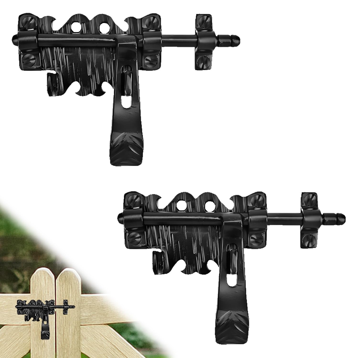2 Pack 6.75" Bolt Latch for Gates - Black - Decorative Metal Gate Latches - Handmade Rustic Metal Latches for Gates, Doors, Sheds and Fences - Heavy Duty Door Bolt Latch - The Hacienda Series