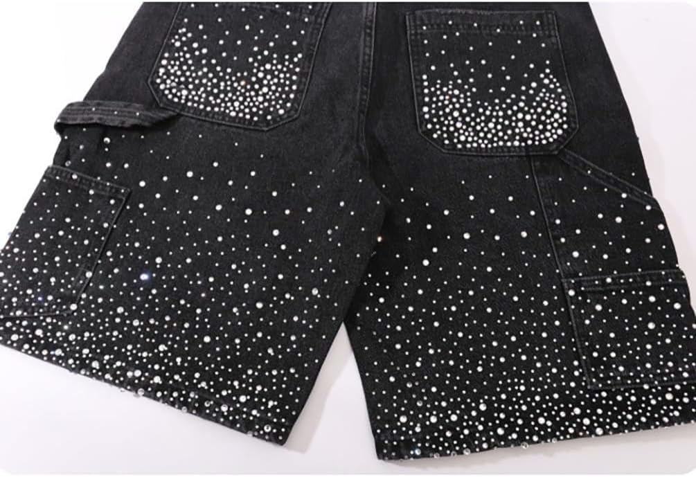 Rhinestone Denim Shorts Men Streetwear Ripped Loose Denim Shorts