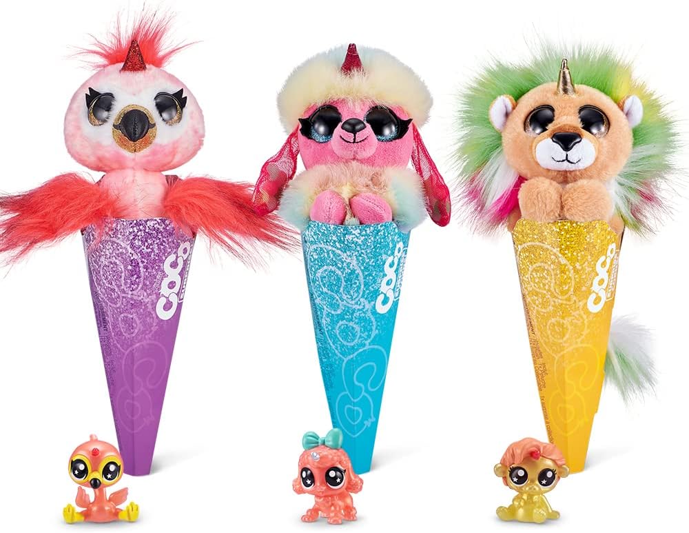 Rainbocorns Coco Surprise Fantasy Series 1 (3 Pack) Version 2 by ZURU Animal Plush Toys with Baby Collectible Surprise in Cone, Animal Toy for Girls and Kids (Flamingo, Poodle, Lion),Multi-Color