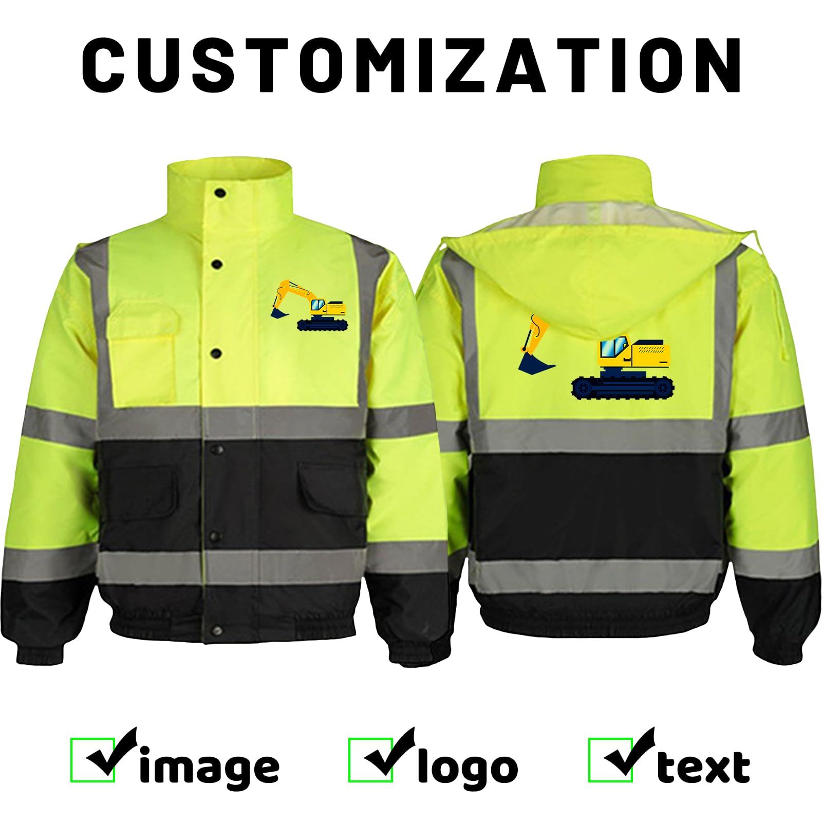 BIJUNDENG Custom Men's Hi Vis Bomber Safety Jacket Waterproof Reflective Work Construction Winter Coats for Cold Weather