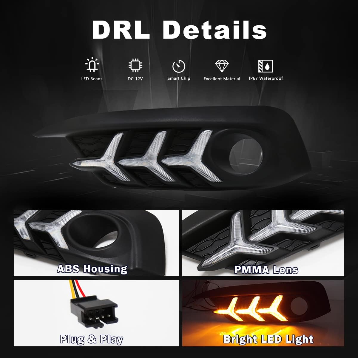 Daytime Running Lights For Honda Civic 10th Gen Sedan 2016 2017 2018 Fog Light 3 Colors DRL Amber Turn Signal Lamps LED Driving Light Fish Bone Style
