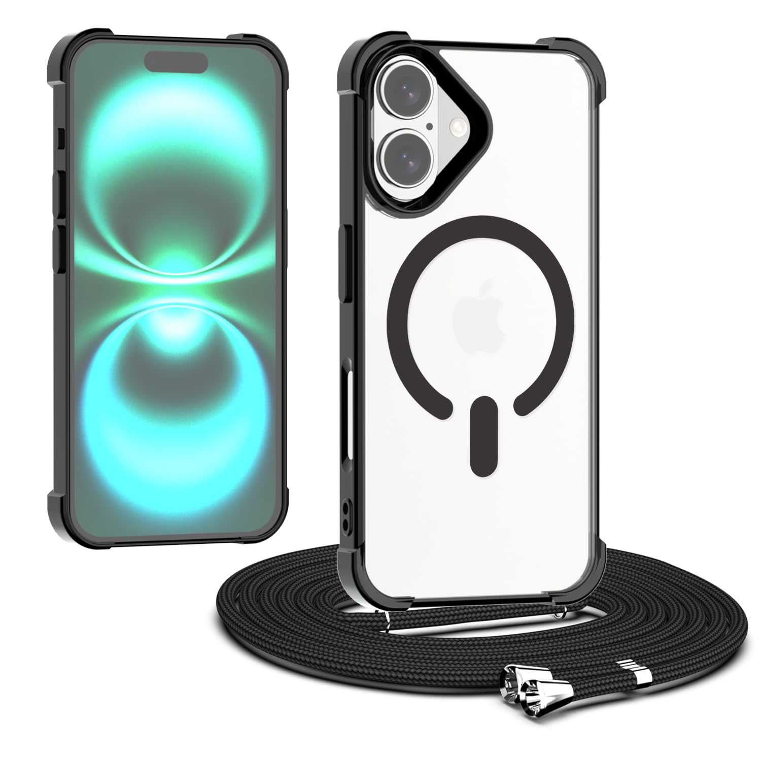 Coque iPhone 16 Plus transparente MagSafe avec cordon tour de cou réglable noir - 8