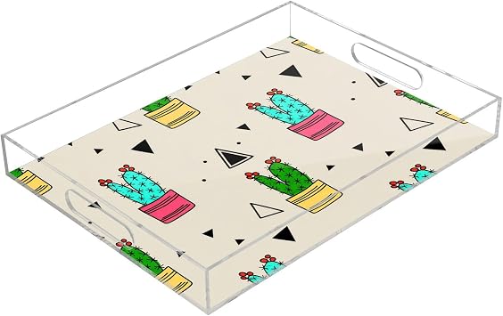 Spill Proof Acrylic Serving Tray, Countertop Organizer 16x12 Inch with Handles for Breakfast, Living Rooms, Coffee, Juice, Kitchen and Desk, Cactus