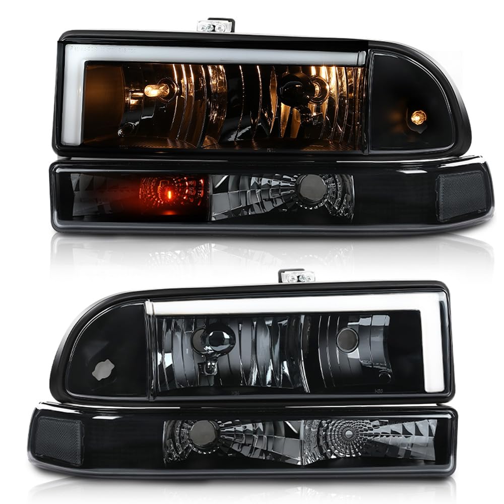 PIT66 Headlights Assembly Front Headlamp w/LED Light Bar Compatible with Chevy Blazer 1998-2005 / Chevy S10 Pickup 1998-2004 with Bumper Lights Smoke