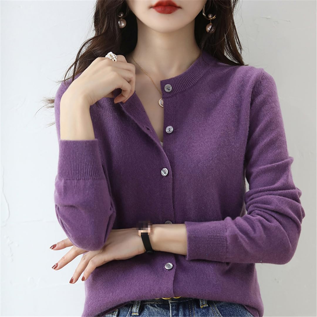 Cárdigan de cachemira para mujer, cuello redondo, suéter de punto suave para primavera, otoño e invierno, manga larga, color liso