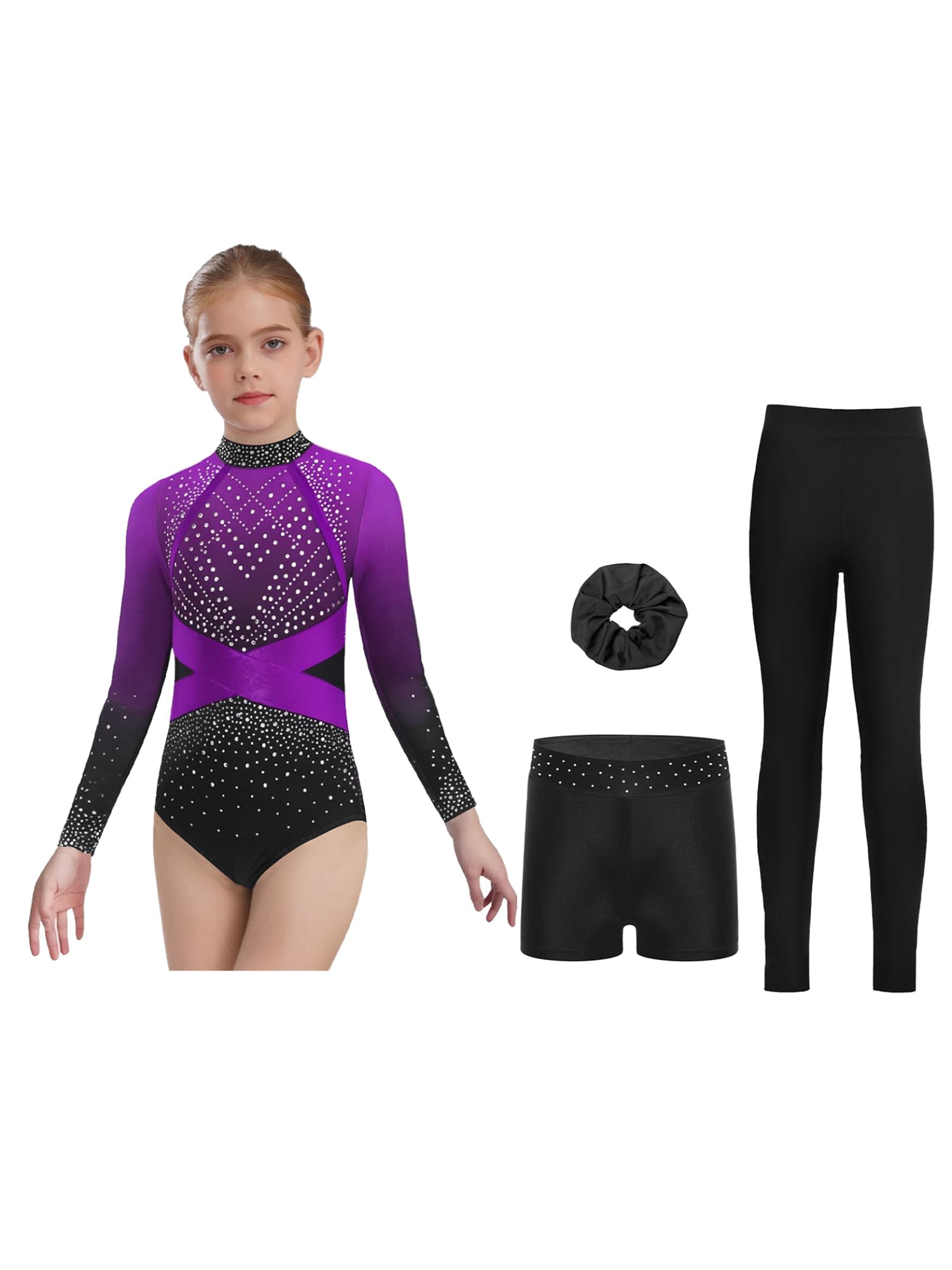 Justaucorps Gymnastique Enfant Fille Strass Leotard avec Legging Short Chouchou Ensemble Danse Patinage