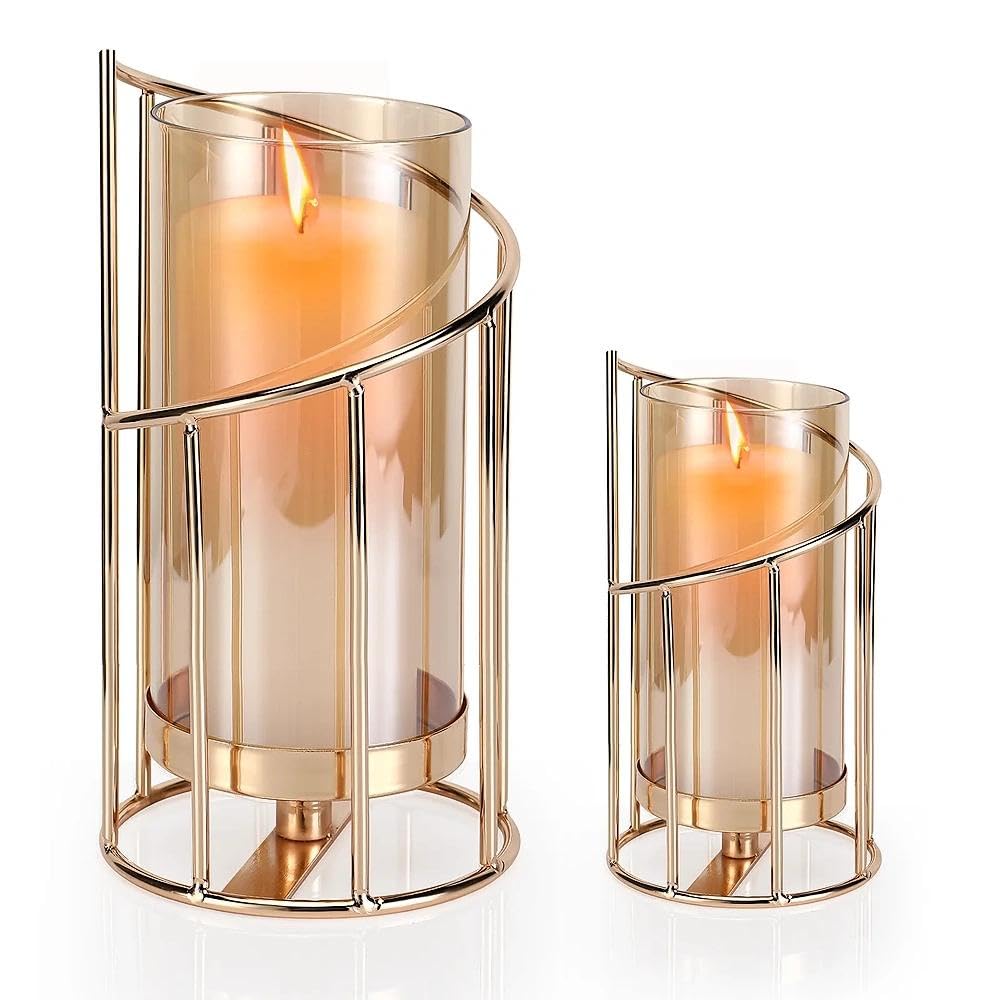 Lot de 2 photophores décoratifs, Cylindre en Verre Doré (Or) | avec Fond en métal pour Bougies, pour Petites Bougies Piliers Plateau à Bougies avec Cylindre pour décoration de Table, Salon