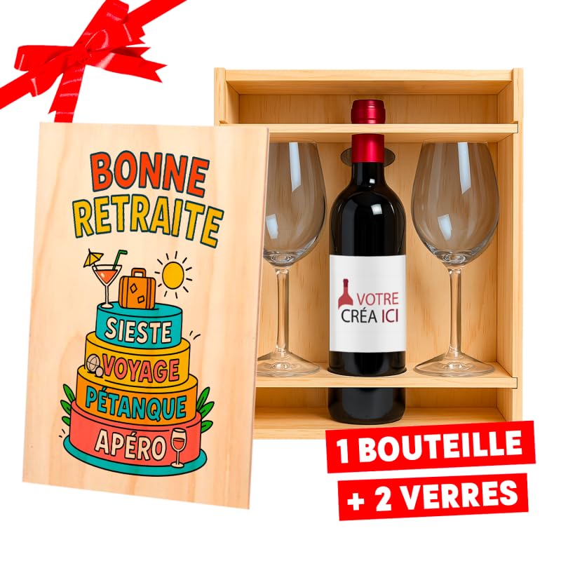 Vin coffret « L'Écrin de Bacchus » - Coffret dégustation vin, bouteille Bordeaux 2020 + 2 verres 36cl personnalisés [ Coffret vin cadeau homme ] (Bonne Retraite)