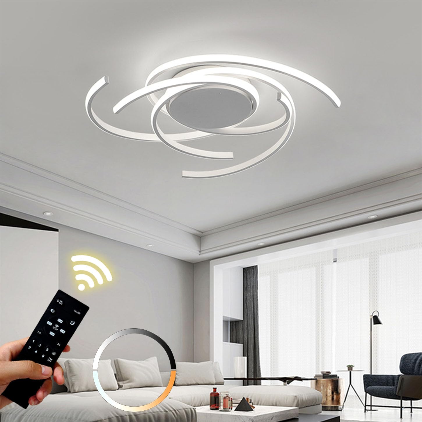 Plafoniera Bianco LED dimmerabile Plafoniera moderna di design floreale a spirale con telecomando per tavolo da pranzo camera da letto Lampada da soffitto in metallo per soggiorno Ø75cm 92W
