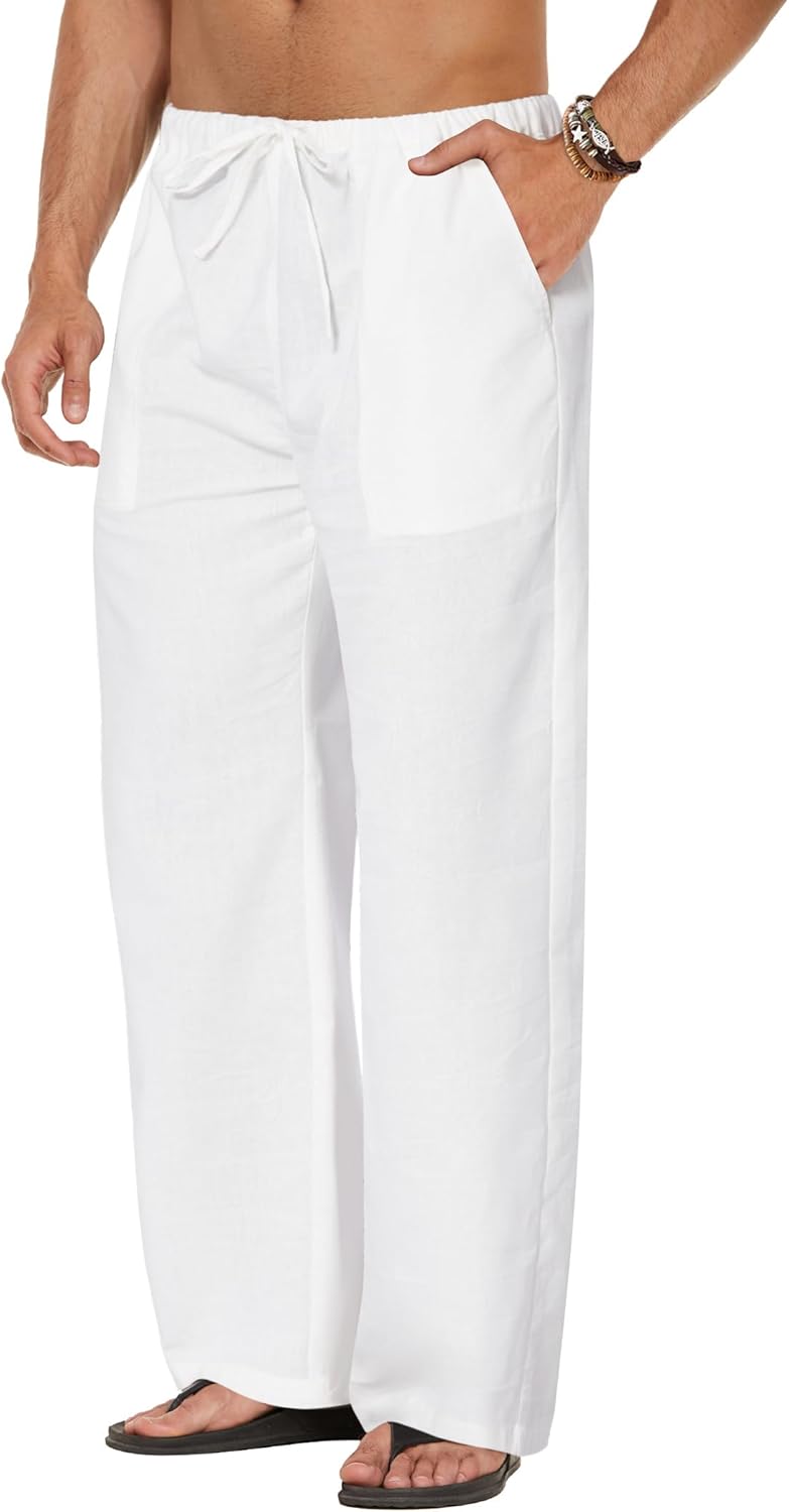 COOFANDY Men's Linen Pant Elastic Waist Linen Pants Drawstring Summer Beach Pant