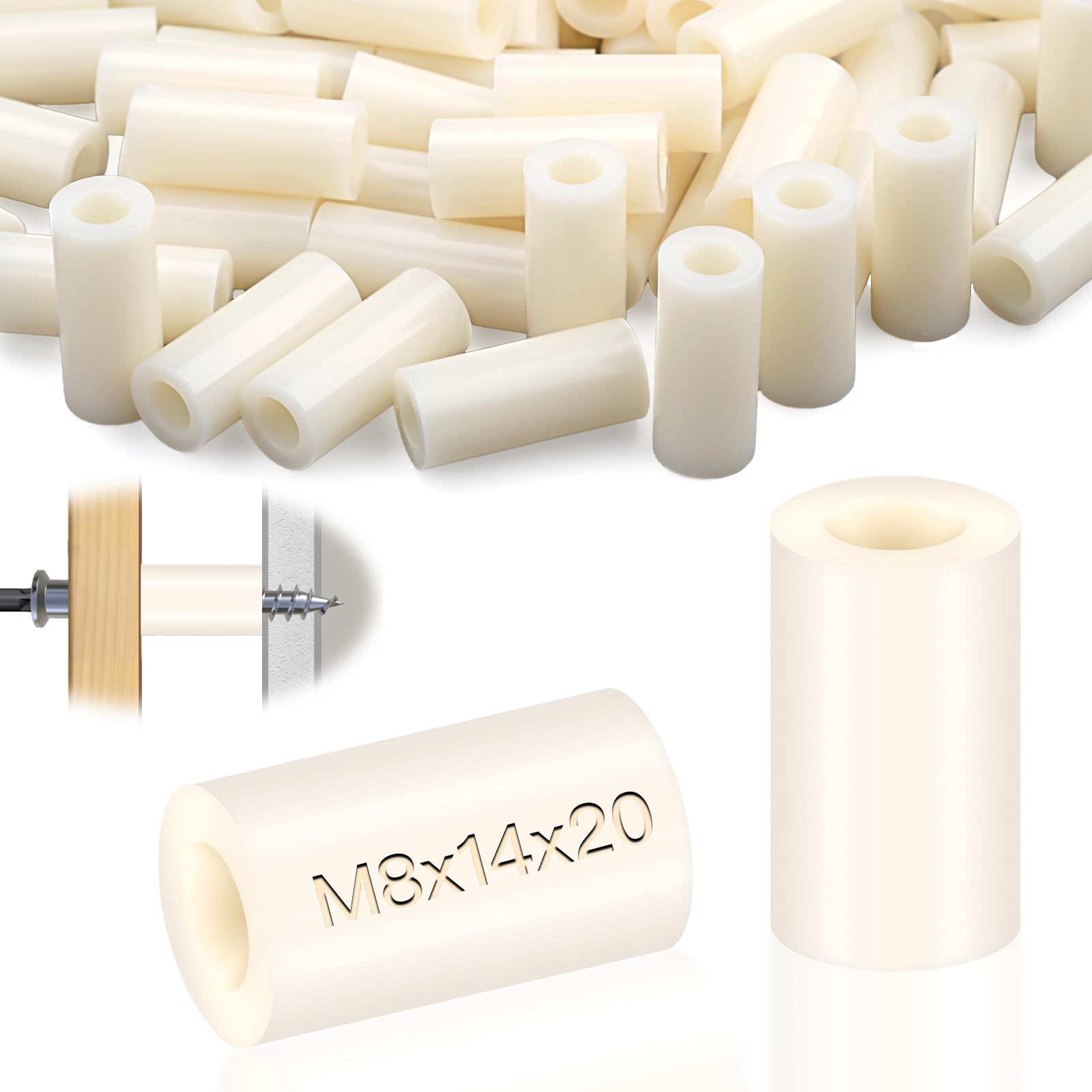 mawmuaw Plastic Spacers M8, 50 Pcs Nylon Spacers ABS Round Washers 14x20 mm Non Threaded Insulation Column Standoff Support Washer White for M8 Screws