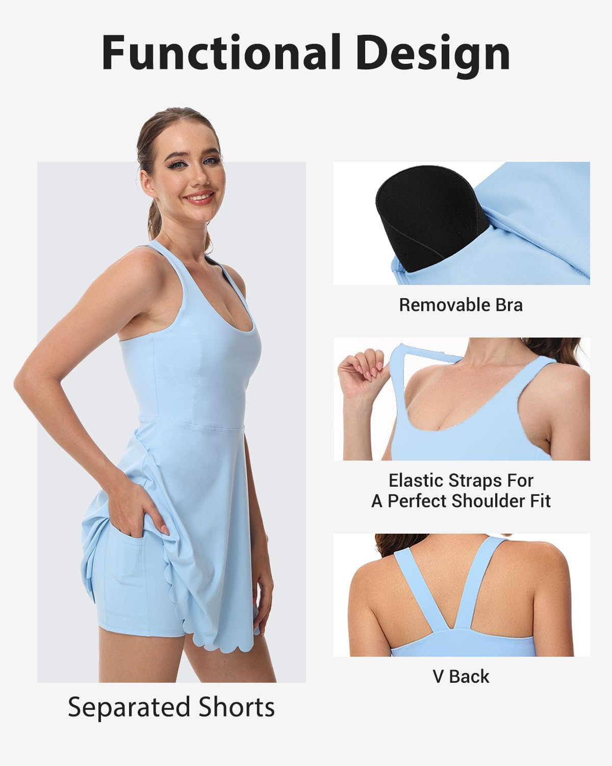Tanou Womens Tennis Dress with Separated Shorts & Bra U Neck Golf Sleeveless Athletic Workout Scalloped Dress with 2 Pockets - Image 3