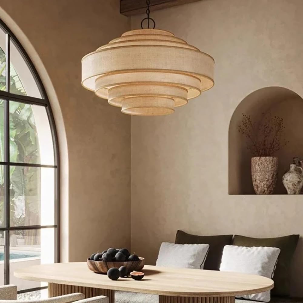 XQIDIANAA Farmhouse Chandelier, 23.6" Modern Drum Pendant Light Fixture with Fabric Lampshade, Adjustable Height Hanging Ceiling Lighting for Bedroom/Nursery/Dining Room/Kitchen Island/Entryway,Beige