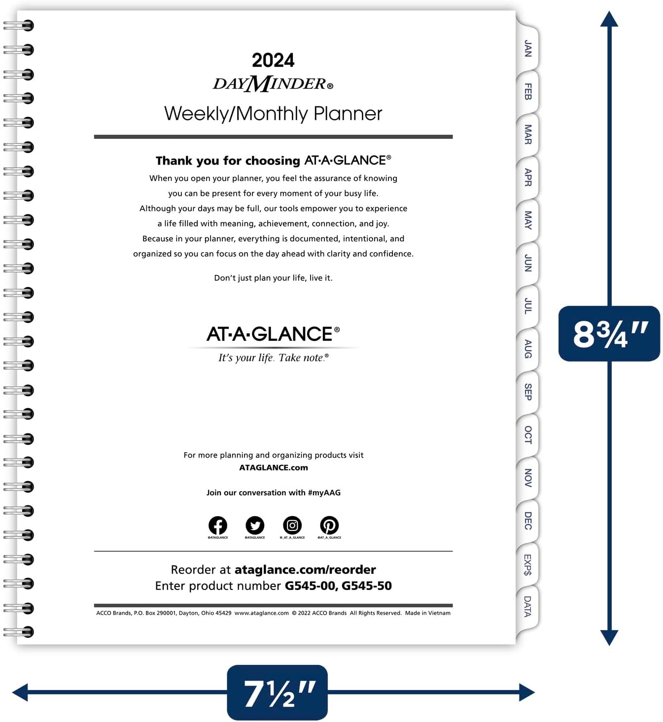 AT-A-GLANCE 2024 Weekly & Monthly Planner Refill for G545 Line Planners by AT-A-GLANCE, 7" x 8-3/4", Medium, Executive, DayMinder (G5455024)