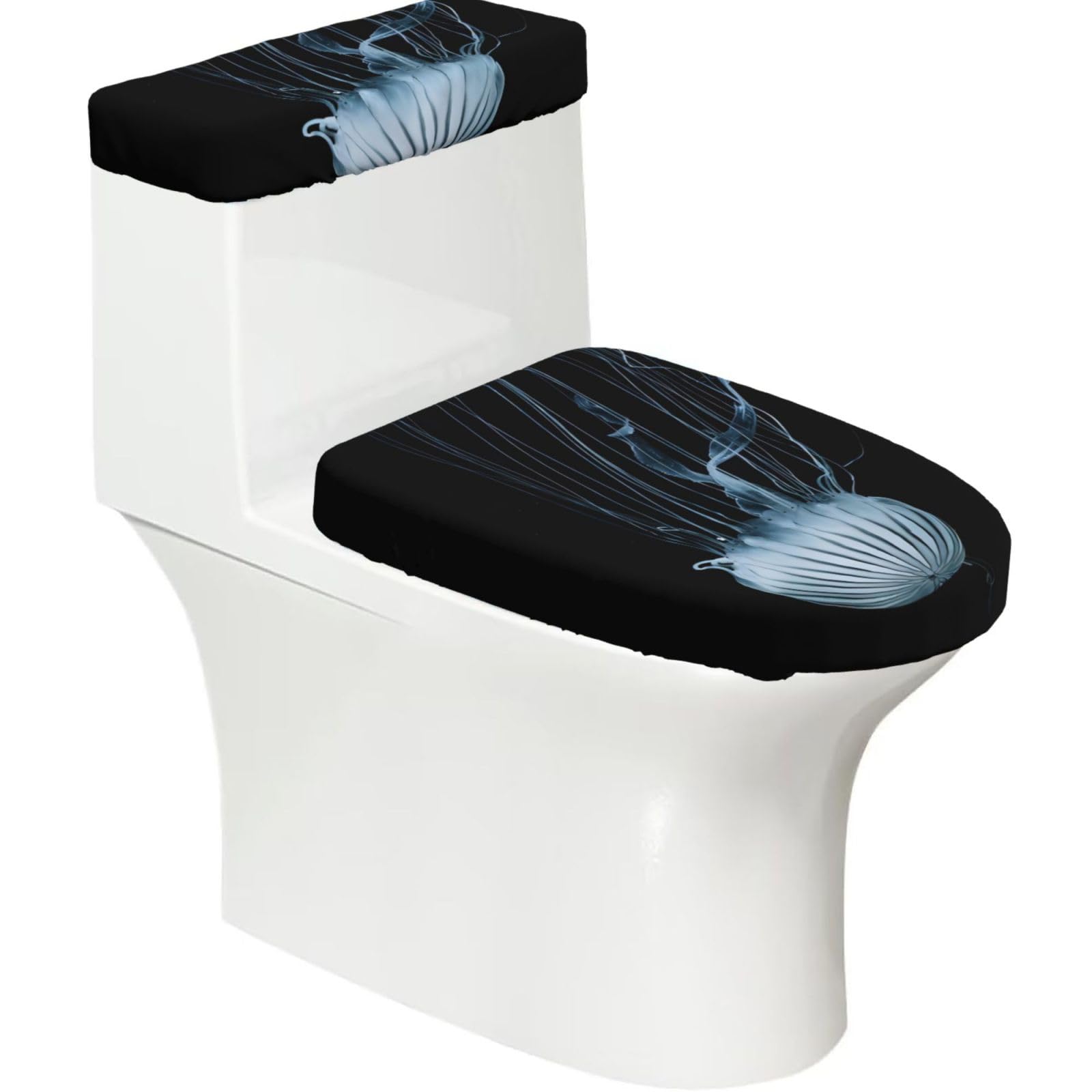 Jellyfishs 2-Piece Toilet Seat Cover Set with Tank Lid, Elastic Fit for U-Shape & Elongated Toilets, Bathroom Decor, Housewarming Gift