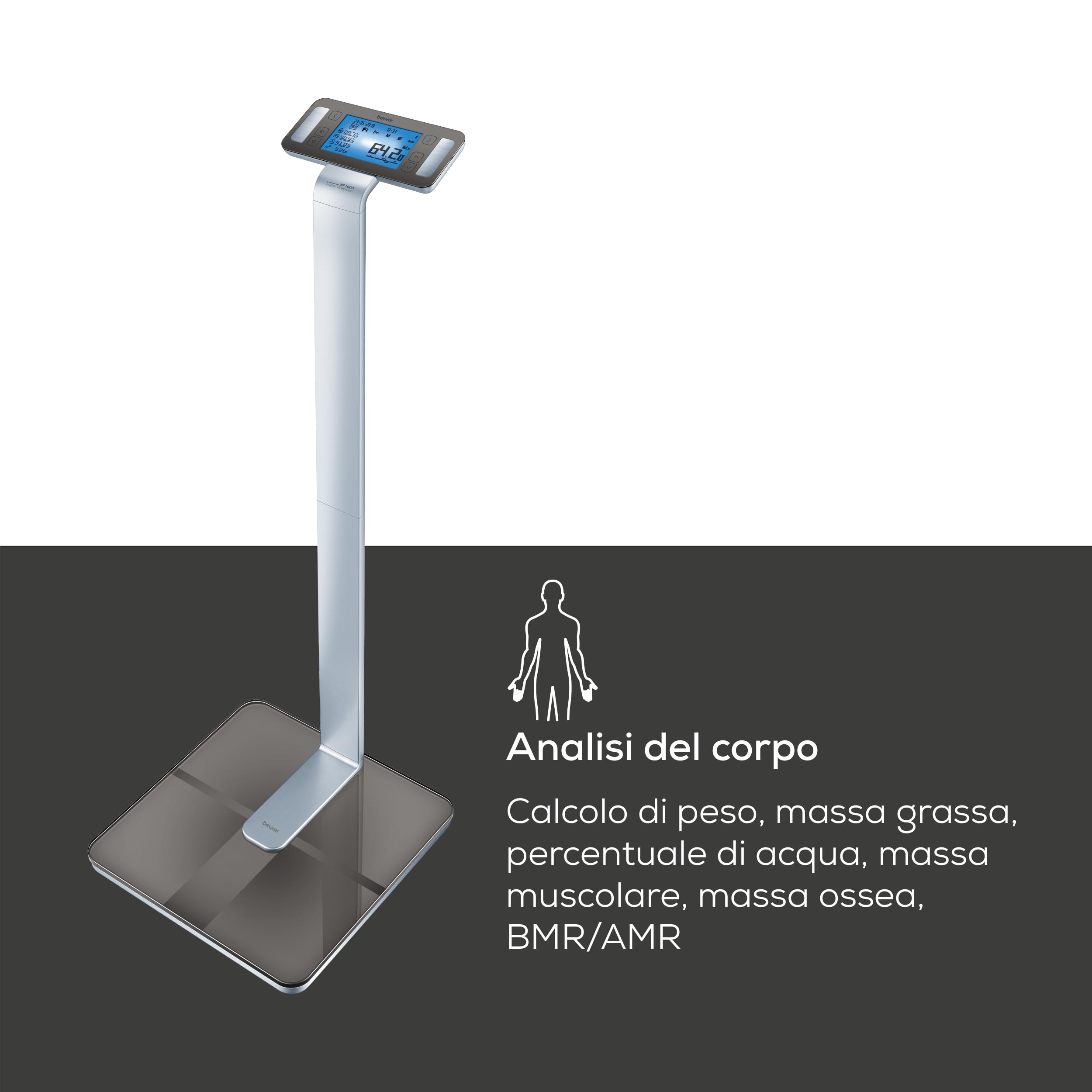 Beurer BF 1000 Super Precision Bilancia Diagnostica Professionale con Misurazione Incrociata, Connessione Bluetooth e con Portata fino a 200 Kg, Metallo, Nero