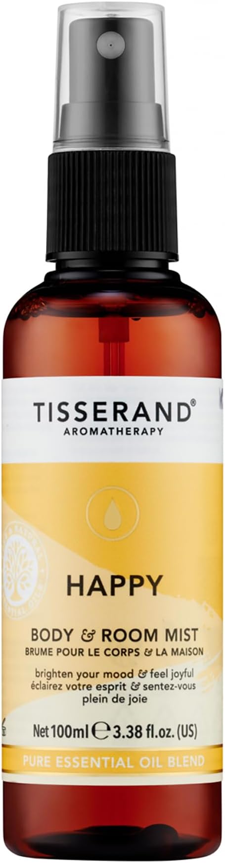 TisserandBody and Room Mist - Home Fragrance with Lemon Tea Tree, Bergamot, Nutmeg, and Petitgrain Essential Oils - Vegan - Happy - 3.38 oz