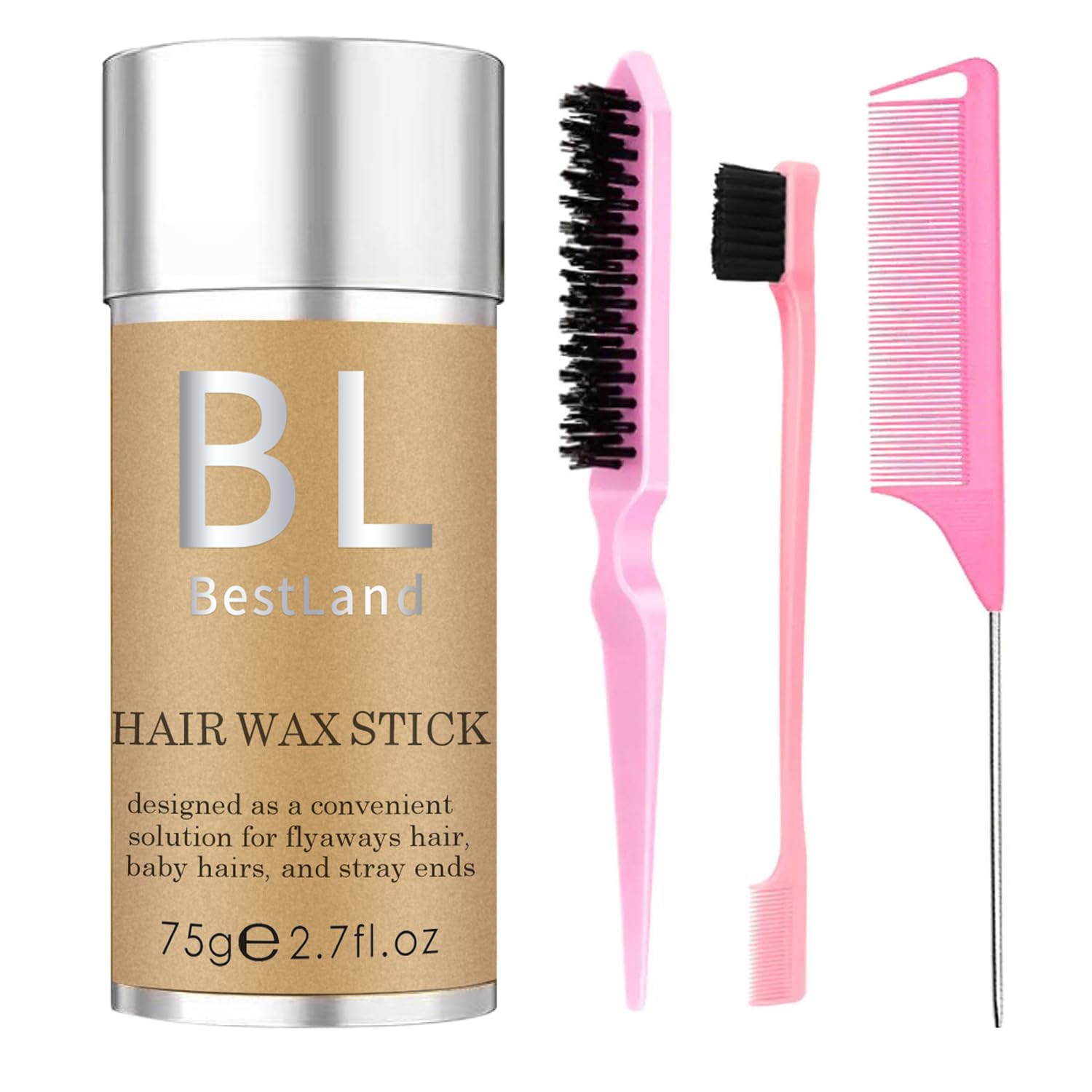 Hair Wax Stick & Pink Brush Set -Versatile Hair Styling Kit, Long-Lasting Anti-Frizz, Non-greasy Wax Stick for Women Girls (75g Pack)