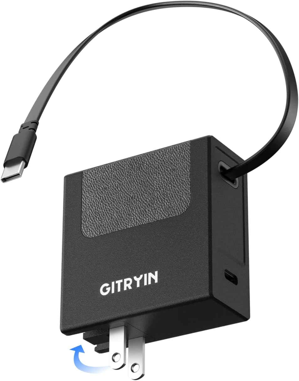 Gitryin Portable USB C Charger Block, 40W Retractable Wall Charger, 40W Fast Charging Block with 33.5in Type-C Cable, Portable Power Adapter with Foldable Plug, Black