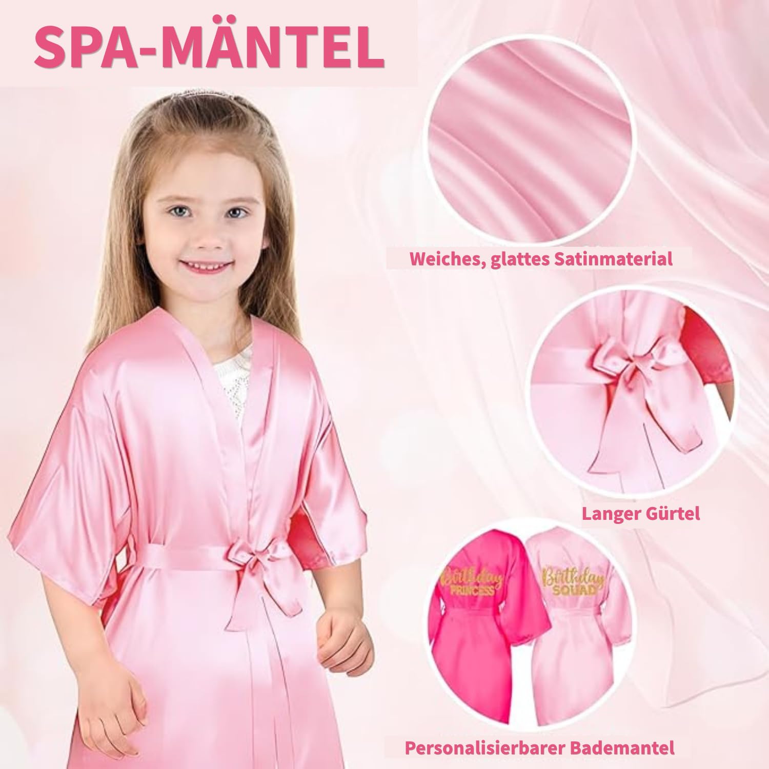 7 pièces Robes d'anniversaire pour filles, Robes de fête au spa pour princesses, Robe en kimono en satin pour filles et femmes, Rose, 8 ans
