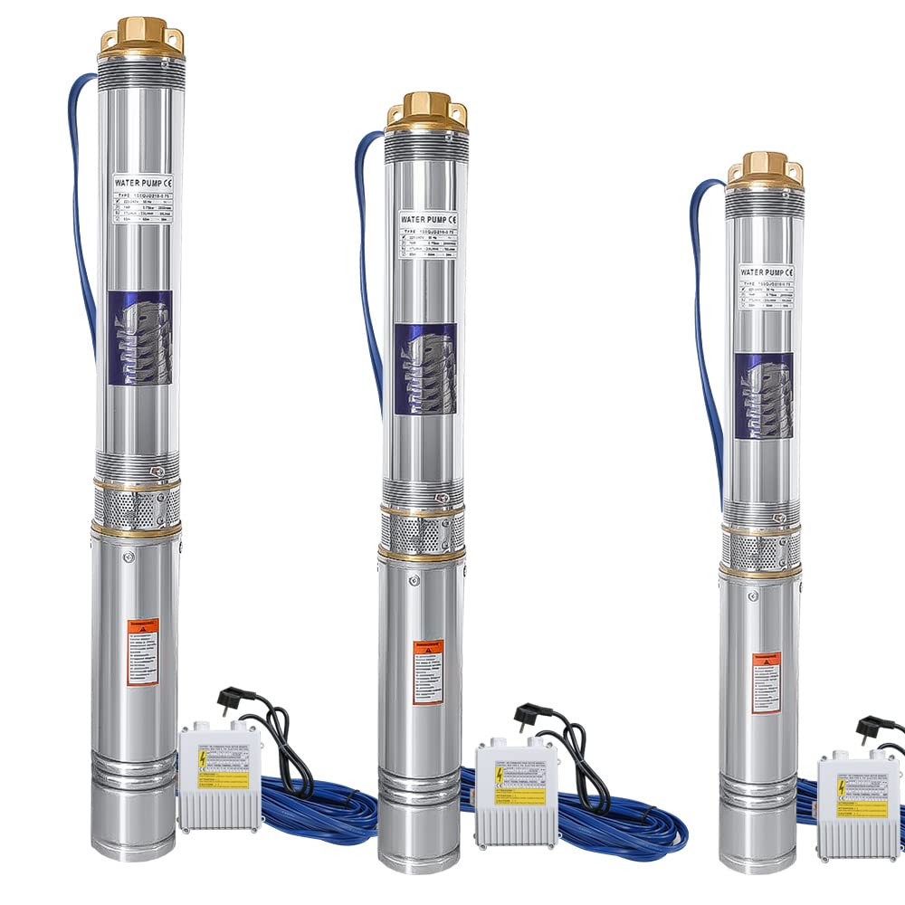 Randaco Pompe de Puits Profon 0,37 kW, Pompe Submersible en acier inoxydable débit jusqu’à 4 000 L/h, hauteur de pompage maximale 34 m, Maillage de Filtration Multiple, 3,4 bar max