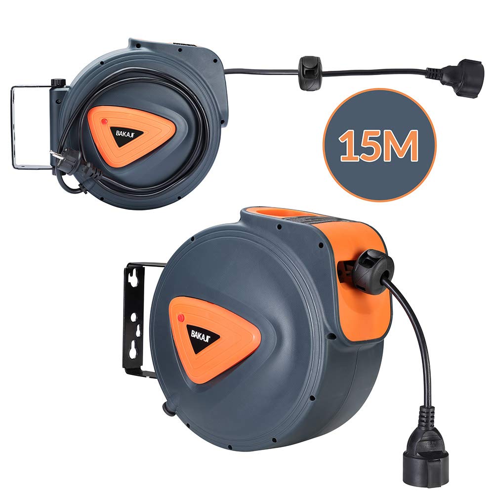 Bakaji Avvolgicavo Elettrico con Cavo 15 mt Presa Shucko Fissaggio a Parete Muro Sistema blocco automatico, Salvaspazio Accessorio Avvolgitubo Prolunga Elettrica Professionale e Fai da Te