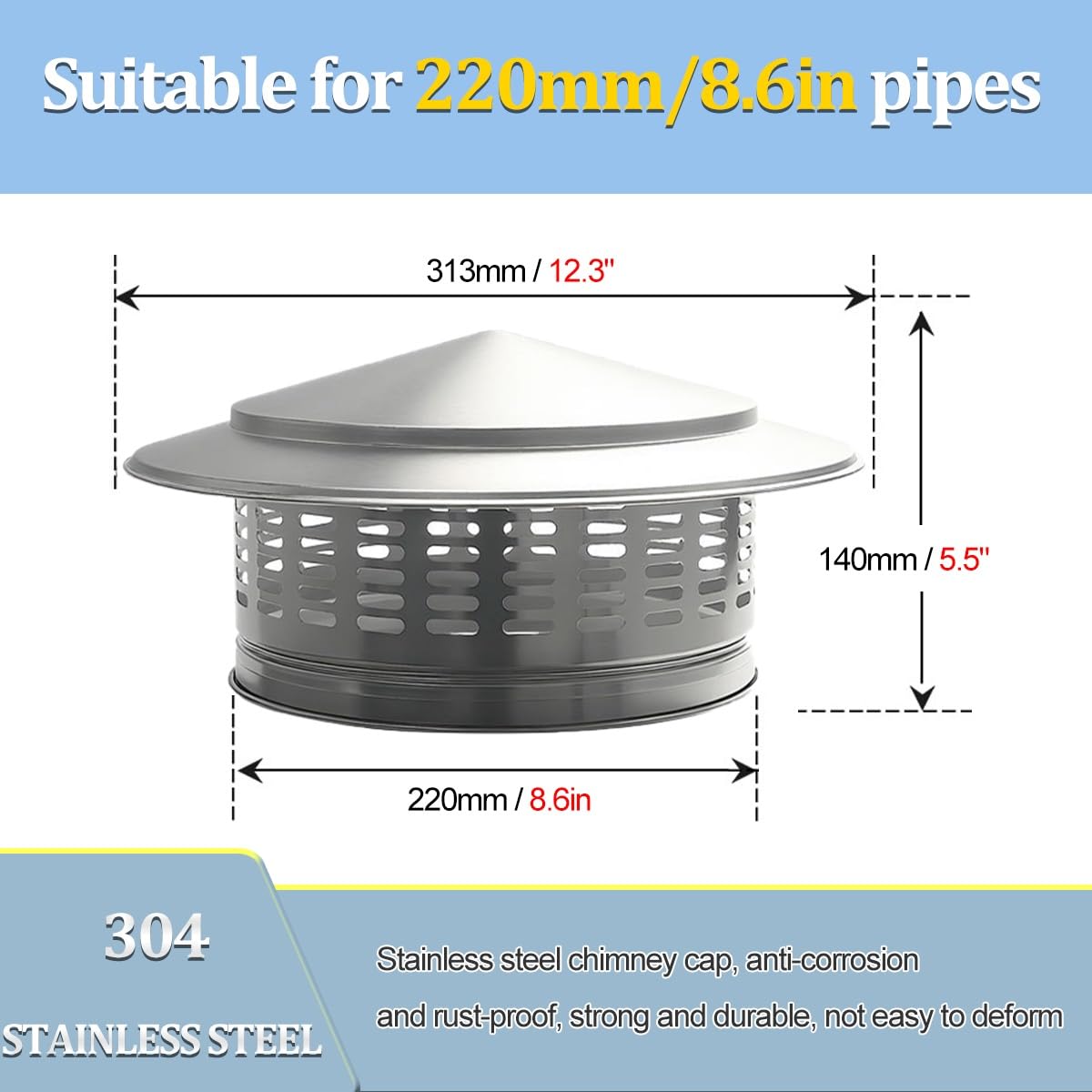 Sombreros para Chimeneas de Acero Inoxidable 304, Sombrerete Chimenea Antilluvia Redondo, Sombrero Chimenea, Caperuza Antipajaros para Conductos de Estufas y Chimeneas, Tapa de Escape(220mm/8.6in)