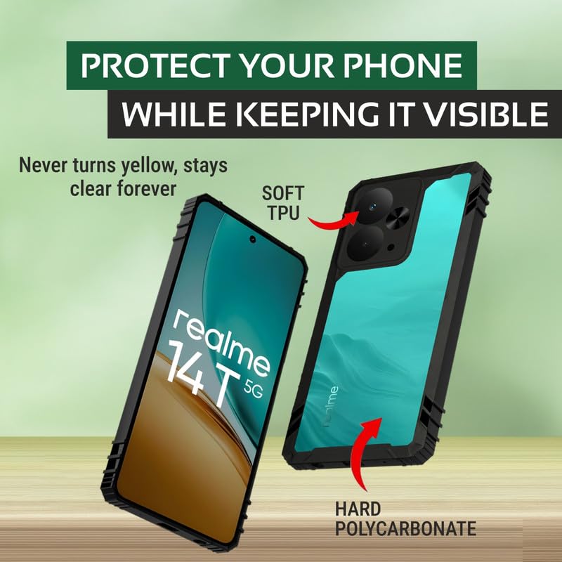 Image of AIBEX Crystal Clear Back Cover Case for Realme 14T 5G | Transparent Shockproof Case | 360 Protection | Slim TPU + PC Bumper | Non-Yellowing Clear Back | Precise Fit