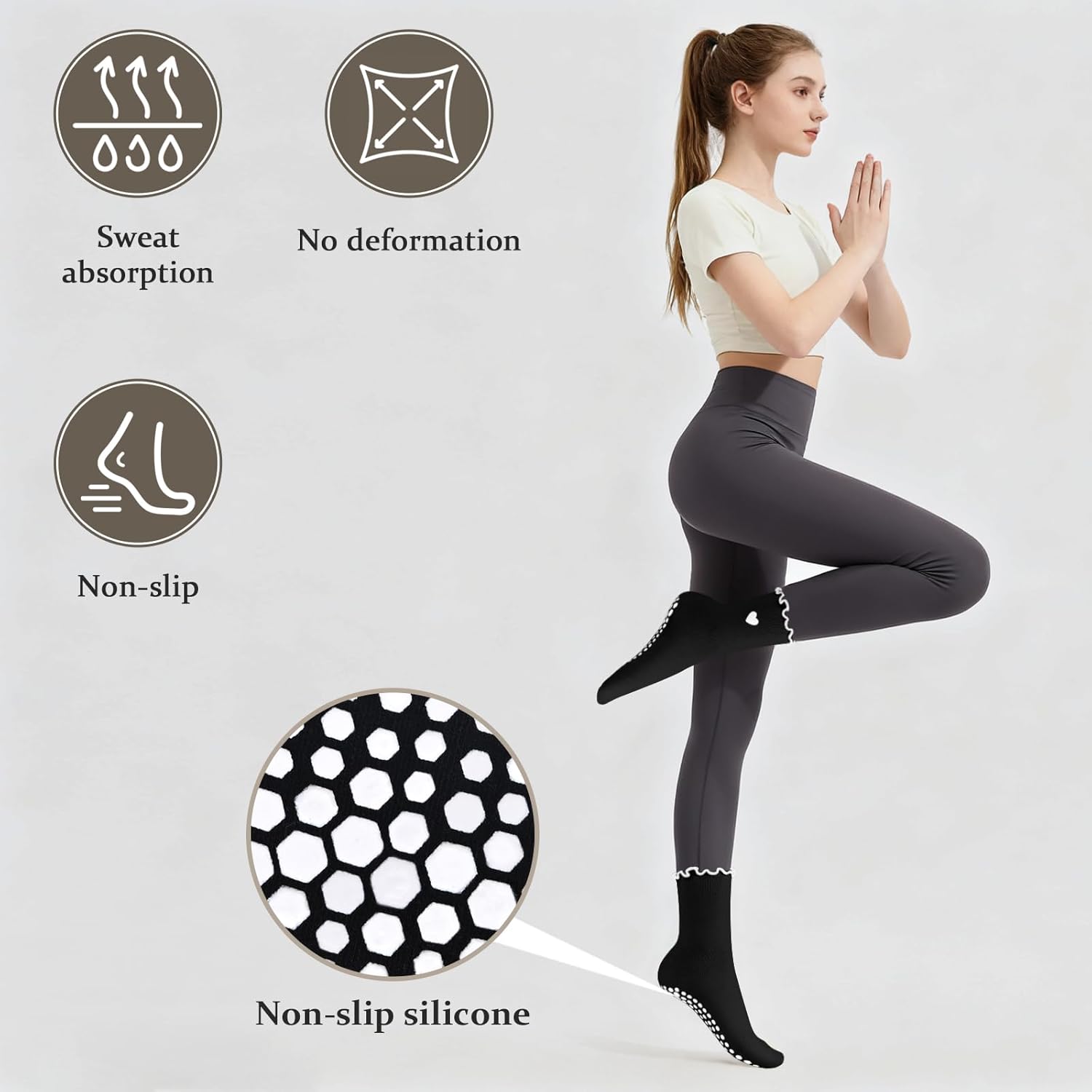 Pilates Yoga Grip Socks for Women, Bow-Patterned Ruffled Crew Socks Ideal for Fitness, Ballet Bar Work&Dance - Image 3