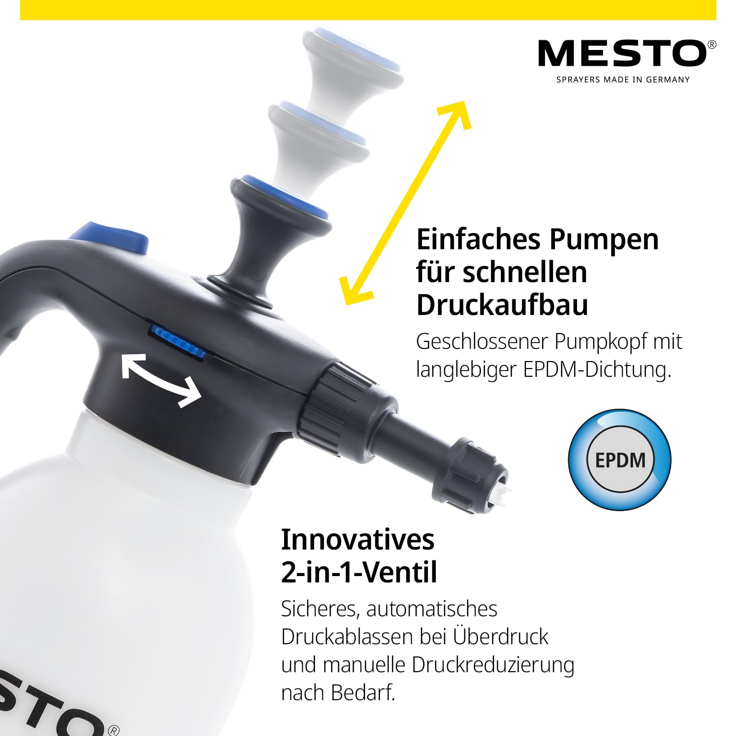 MESTO 3132FE FOAMER Drucksprüher 1,5L Schaumsprüher | Schaumgerät mit EPDM-Dichtungen | Foam Sprayer für Automotive Reinigung | Schaum Sprühflasche | Spezial-Flachstrahldüse 110-06 | inkl. Fleecepads