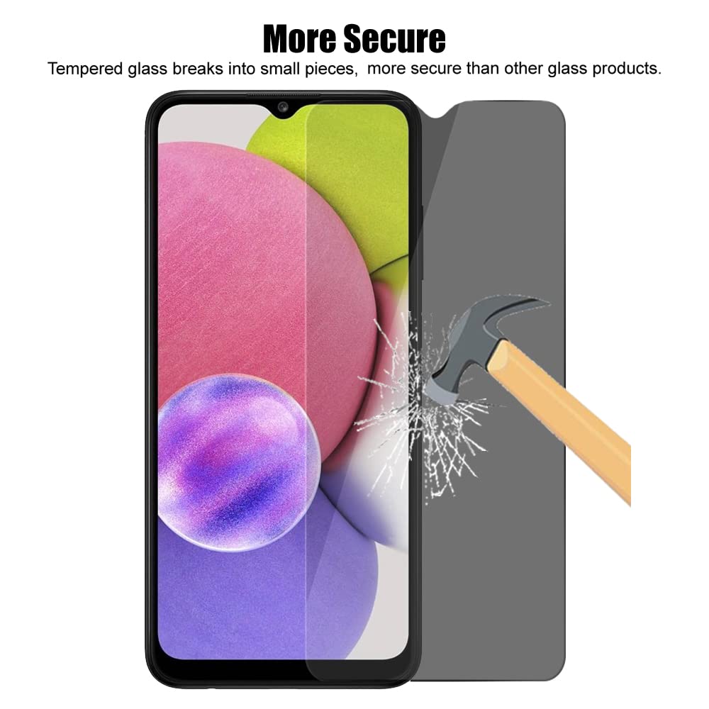 (3+3) Protector de pantalla de privacidad para Samsung Galaxy A03s (paquete de 3) película de vidrio templado privado antiespía y (3 unidades) Protector de lente de cámara, dureza 9H, 2.5D